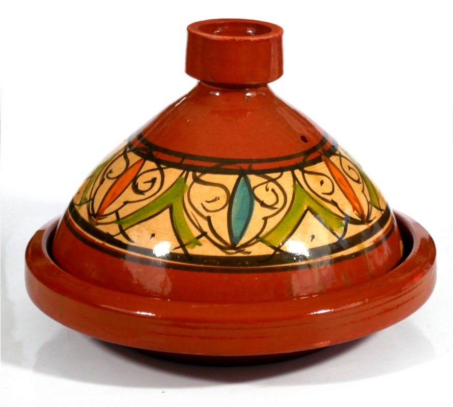 Tajine grand marocain de cuisson en terre cuite avec motifs fleurs (30 x 22  cm) - Objet de décoration ou oeuvre artisanale sur