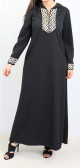 Robe longue type abaya marocaine pour femme avec capuche et motifs dores - Couleur noire