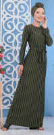 Robe longue a rayures noires de couleurs vert kaki (vetements femme en ligne fabrication turque)