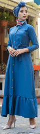 Robe longue de ville boutonnee avec ceinture pour femme - Couleur bleu (Vetements islamiques modernes)