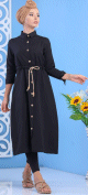Tunique chemise longue avec cordon et boutons tout au long pour femme - Couleur Noir
