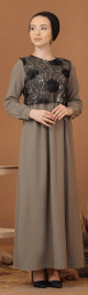 Robe elegante maxi-longue bi-matiere pour femme (Grande taille disponible) - Couleur noir / kaki