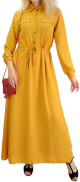 Robe casual boutonnee manches longues pour femme - Couleur Jaune moutarde