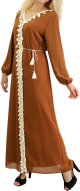 Robe longue fluide ornee de broderies a pompons avec ceinture pour femme (Plusieurs couleurs disponibles)
