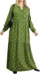 Robe longue ample a motifs plumes - Couleur verte