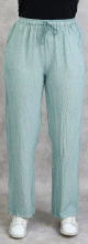 Pantalon femme decontracte en lin blanc a fines rayures vert amande