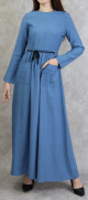 Robe elegante longue et evasee avec lien a nouer a la taille - Couleur Bleu saphir