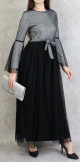 Robe de soiree longue elegante pailletee en tulle pour femme - Couleur argente et noir