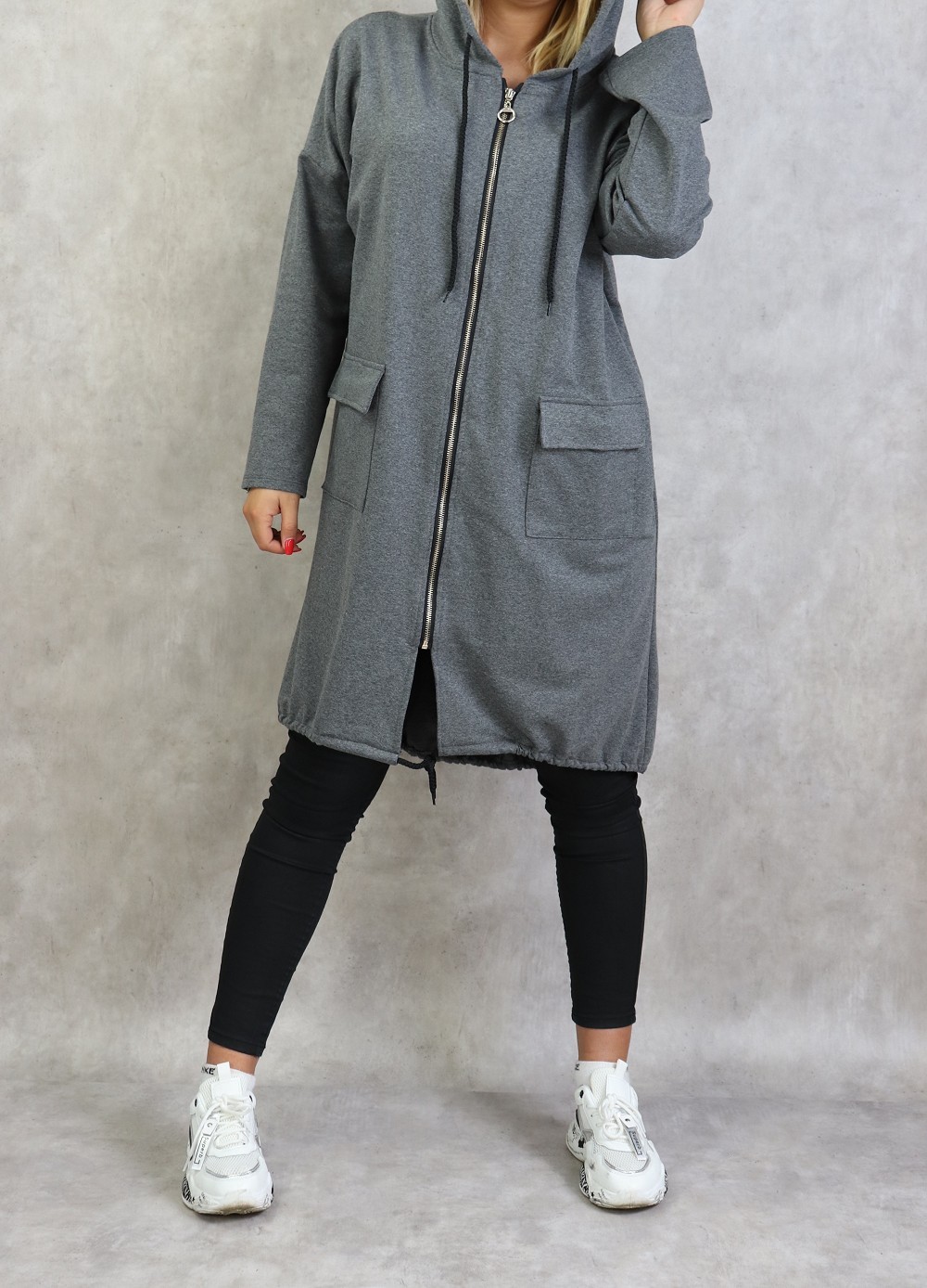 Sweat long zippé style sportswear pour femme - Couleur gris chiné