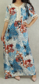Robe longue d'interieur ou d'ete a imprime exotique pour femme - Couleur Bleu et Rouille