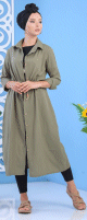 Tunique chemise longue boutonnee tout au long avec cordon pour femme - Couleur kaki
