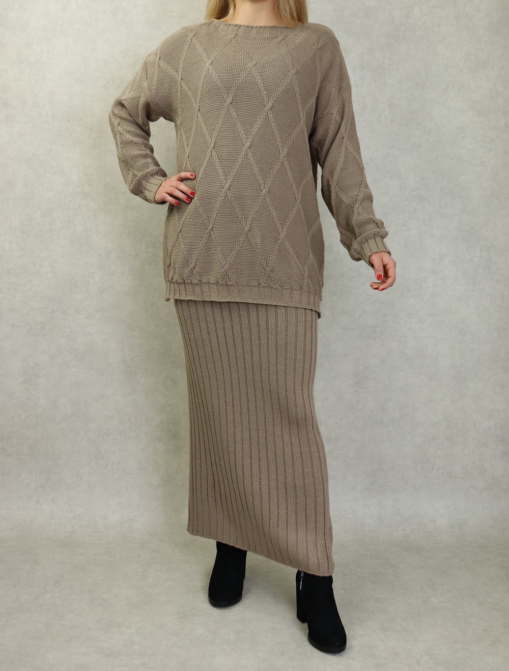 Ensemble en maille deux pièces tunique et jupe pour femme (Saison  Automne-Hiver) - Couleur Taupe