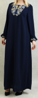 Robe manches longues avec broderie pour femme - Couleur bleu marine