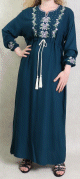 Robe longue brodee avec un lien a la taille pour femme - Couleur Bleu petrole